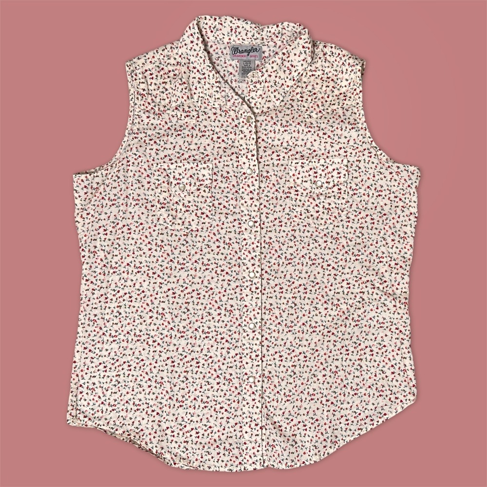Wrangler Wrancher Sleeveless Western Pearl Snap Shirt Floral Ditsy Cream‎ Large